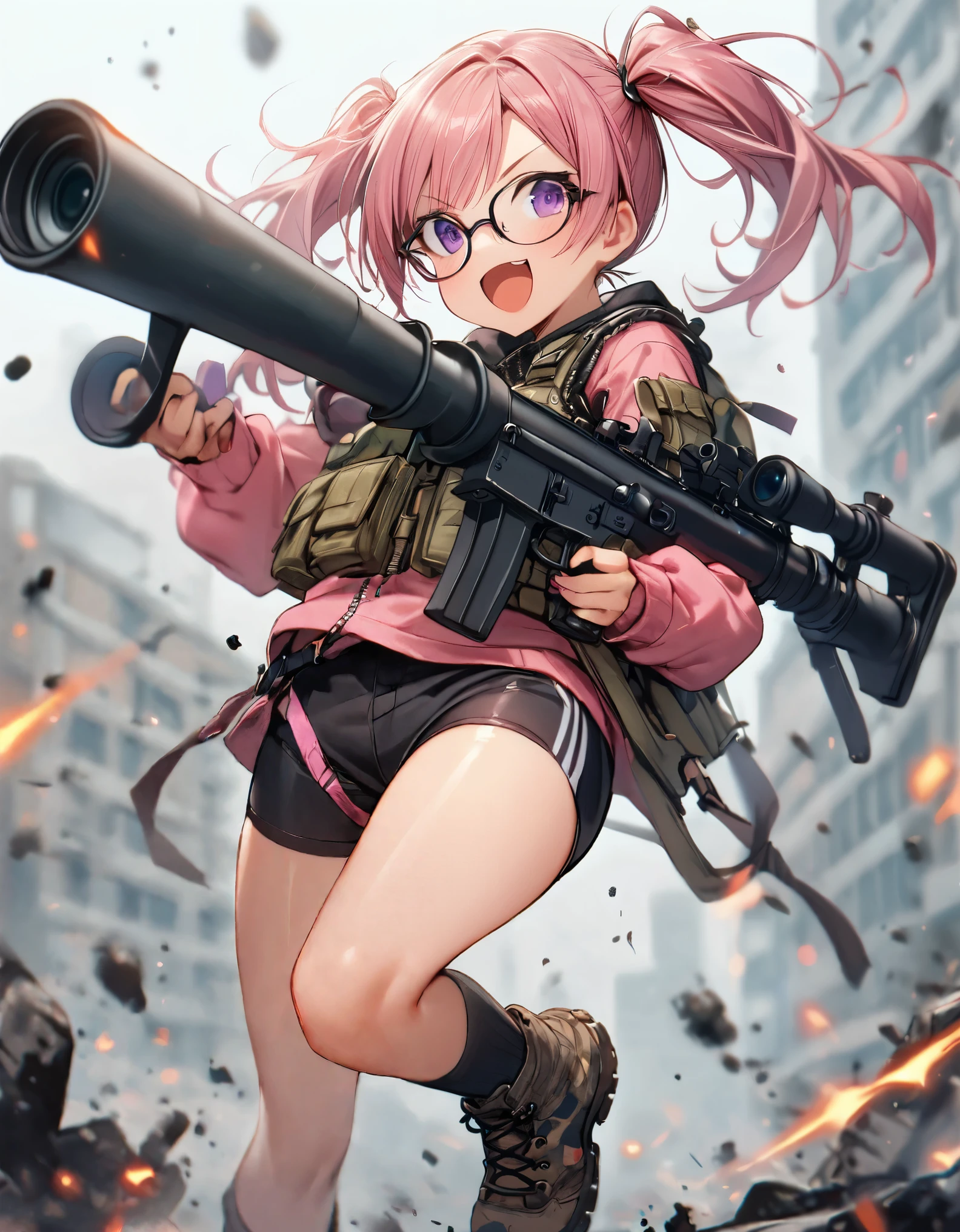 1girl, solo, hoodie, biker shorts, assault vest, black socks, combat boots, (using weapon, bazooka), open mouth, wacky face, smile, :d, (pink hair, dark purple eyes, twintails, glasses)