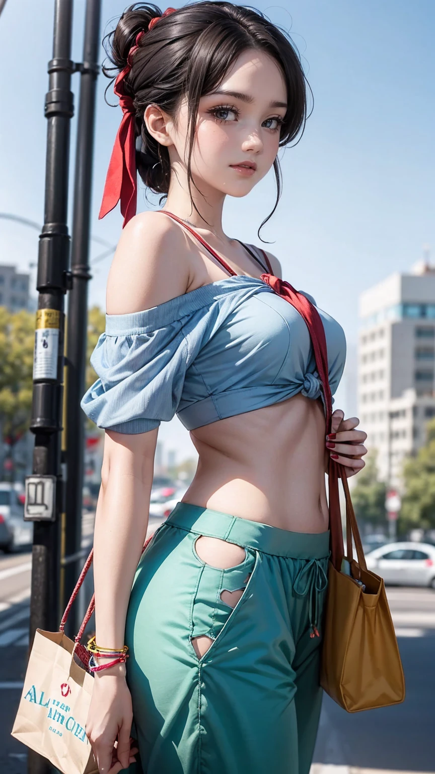 (最high quality, 8K, masterpiece: 1.3, Ultra HD, high quality, 最high quality, High resolution, realism)) 、25 year old white woman、brunette、blue eyes、long hair、smile、slender、slenderだがアスリートのような細マッチョ、I don't want my head to disappear from the screen.、Wear accessories on your wrist、Wearing red nail polish、I have a peticure、Sheer off-the-shoulder top((shoulder cutout tops))wear、Sheer Aladdin pants((aladdin pants))Wear、サンダルWear、Carry a tote bag over your shoulder、tie hair((tied hair))、Skyscraper background、Waiting for a traffic light at an intersection