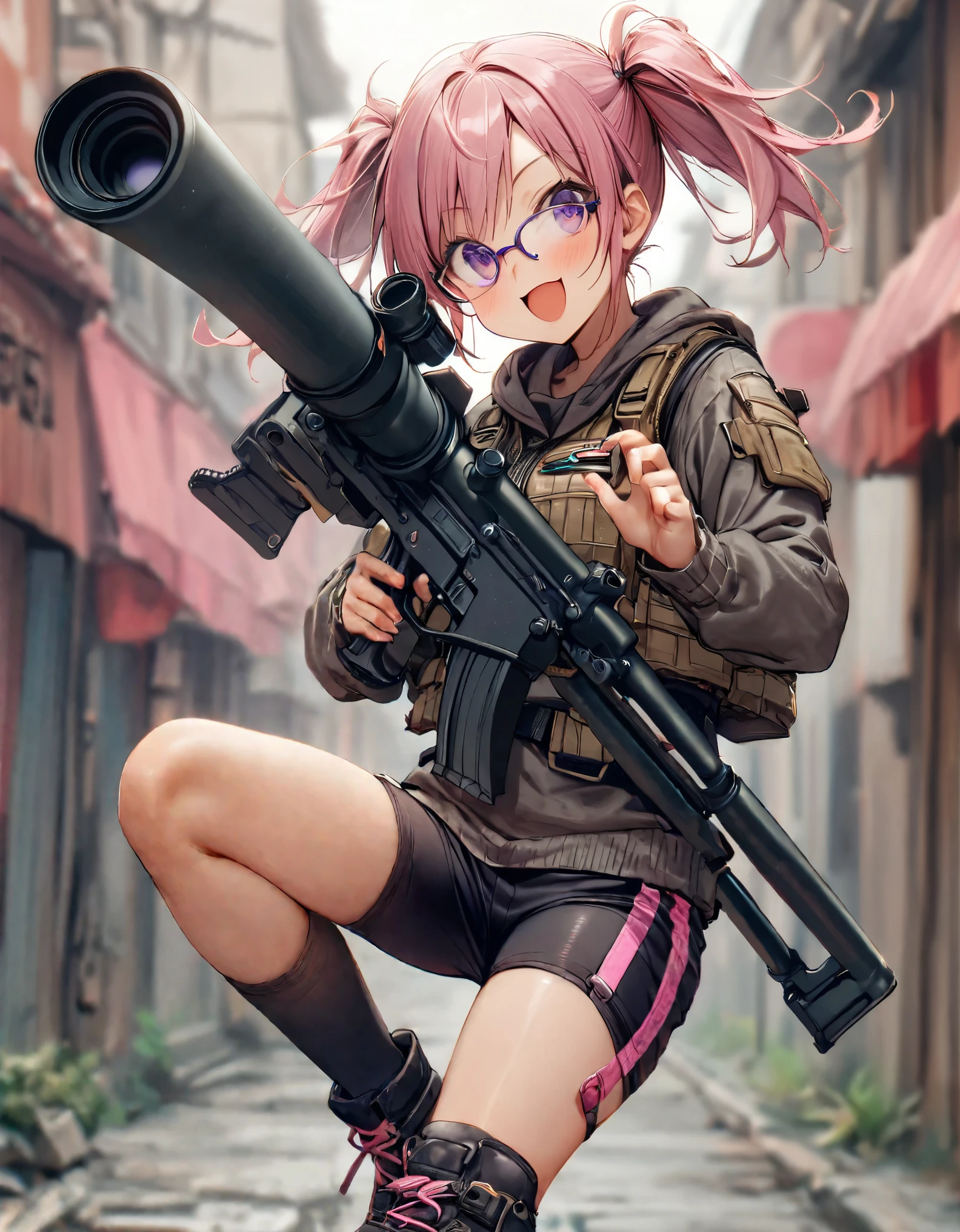 1girl, solo, hoodie, biker shorts, assault vest, black socks, combat boots, (using weapon, bazooka), open mouth, wacky face, smile, :d, (pink hair, dark purple eyes, twintails, glasses)