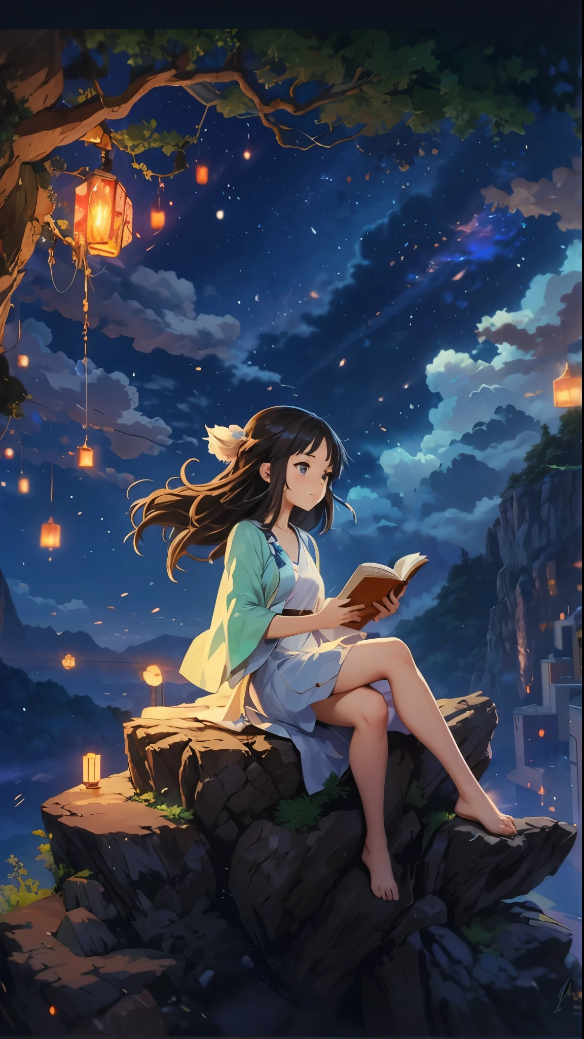 anime girl sitting on a rock reading a book at night, anime art wallpaper 4 k, anime art wallpaper 4k, anime style 4 k, anime art wallpaper 8 k, makoto shinkai cyril rolando, anime fantasy illustration, 4k anime wallpaper, 4 k manga wallpaper, anime wallpaper 4k, anime wallpaper 4 k, anime picture, anime fantasy artwork