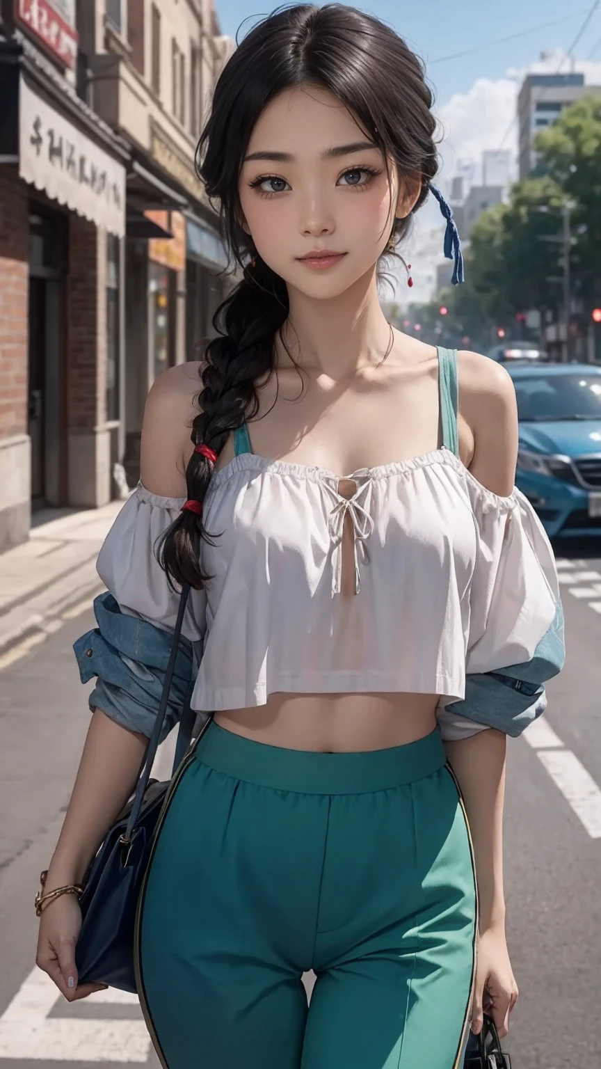 (最high quality, 8K, masterpiece: 1.3, Ultra HD, high quality, 最high quality, High resolution, realism)) 、25 year old white woman、brunette、blue eyes、long hair、smile、slender、slenderだがアスリートのような細マッチョ、I don't want my head to disappear from the screen.、Wear accessories on your wrist、Wearing red nail polish、I have a peticure、Sheer off-the-shoulder top((shoulder cutout tops))wear、Sheer Aladdin pants((aladdin pants))Wear、サンダルWear、Carry a tote bag over your shoulder、tie hair((tied hair))、Skyscraper background、Waiting for a traffic light at an intersection