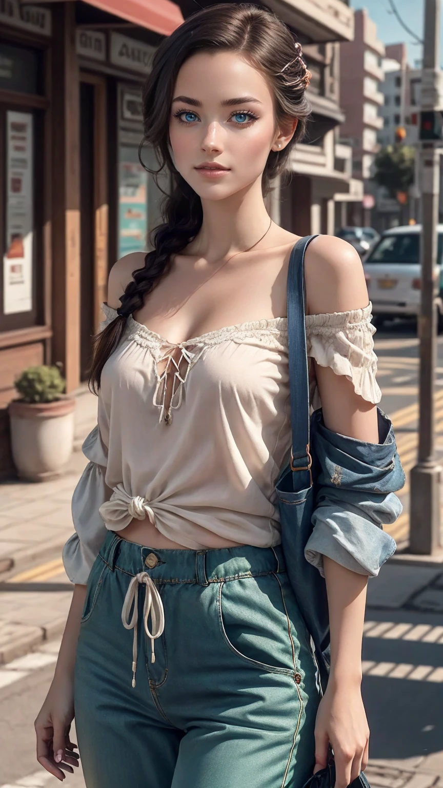 (最high quality, 8K, masterpiece: 1.3, Ultra HD, high quality, 最high quality, High resolution, realism)) 、25 year old white woman、brunette、blue eyes、long hair、smile、slender、slenderだがアスリートのような細マッチョ、I don't want my head to disappear from the screen.、Wear accessories on your wrist、Wearing red nail polish、I have a peticure、Sheer off-the-shoulder top((shoulder cutout tops))wear、Sheer Aladdin pants((aladdin pants))Wear、サンダルWear、Carry a tote bag over your shoulder、tie hair((tied hair))、Skyscraper background、Waiting for a traffic light at an intersection