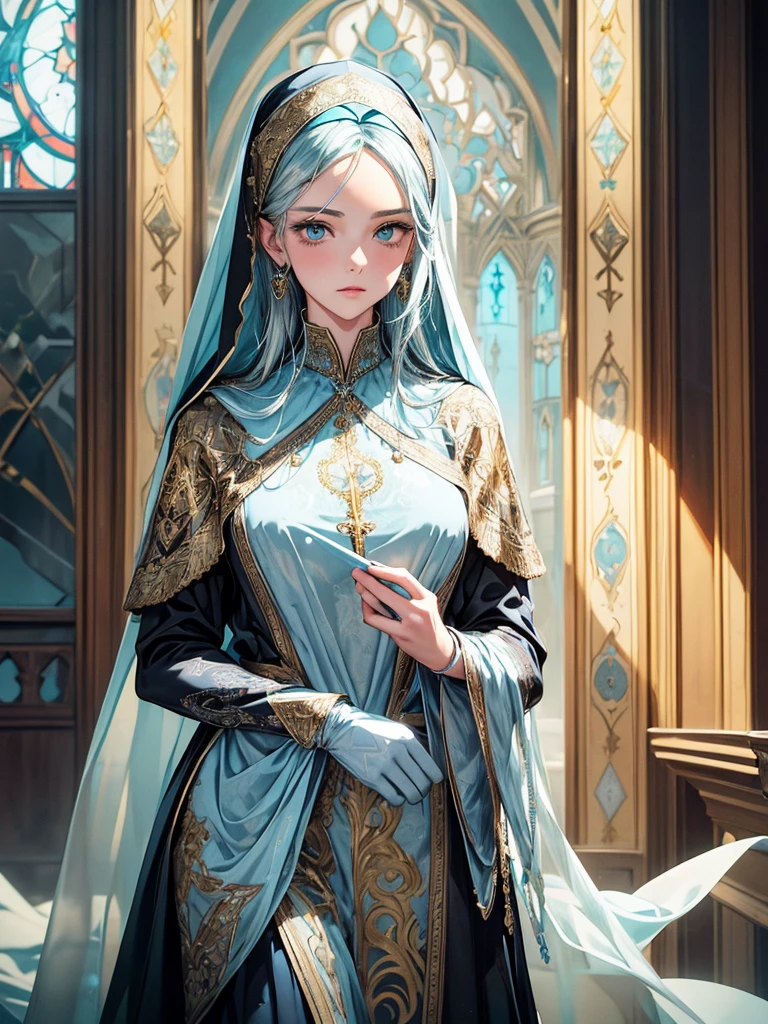 (best quality, high resolution, masterpiece:1.2), Super detailed, Beautiful and delicate lake green eyes, Beautiful and delicate lips, extremely detailed face, super long hair, 1 girl, Beautiful girl with aqua blue hair, Wearing a dark blue nun costume, see-through chiffon platinum nuns headscarf, (gold ornaments), ((golden and silver pattern)), (light blue pattern:1.37), (complex pattern:0.9), Lovely, attractive, portrait, delicate eyes, ancient church, Luminous earrings, Reflective pupil, see-through clothing design, (empty:0.7), chiffon, (lace:0.7), black gloves, Cubist Futurism, anime, Cubist Futurism, anime, 8K, textured skin, UHD, ccurate, textured skin, super detail, UHD, ccurate