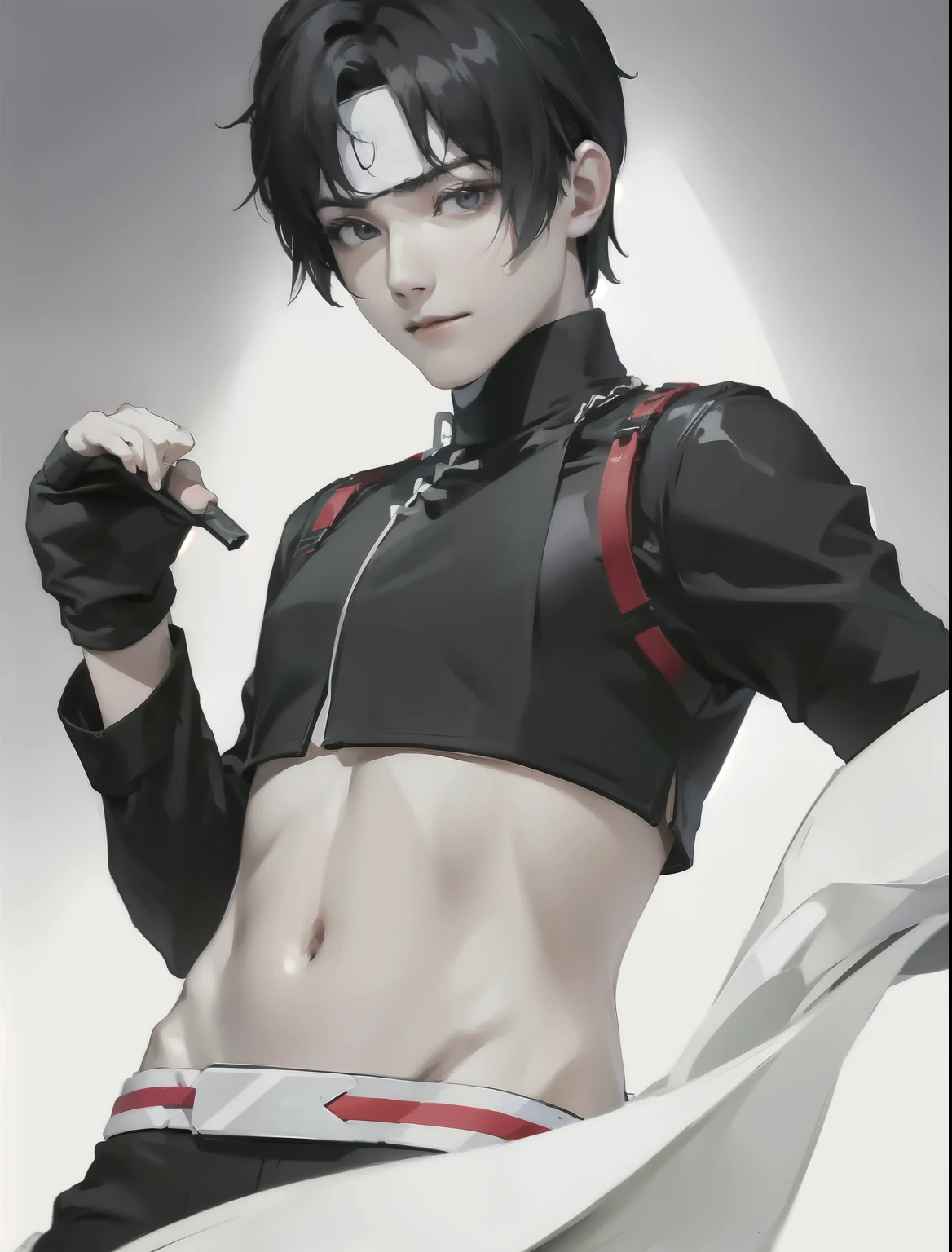 a young man, Sai, has pale white skin, with black hair, wearing a black crop top and black pants, realistic, ultra detailed, 70mm lens