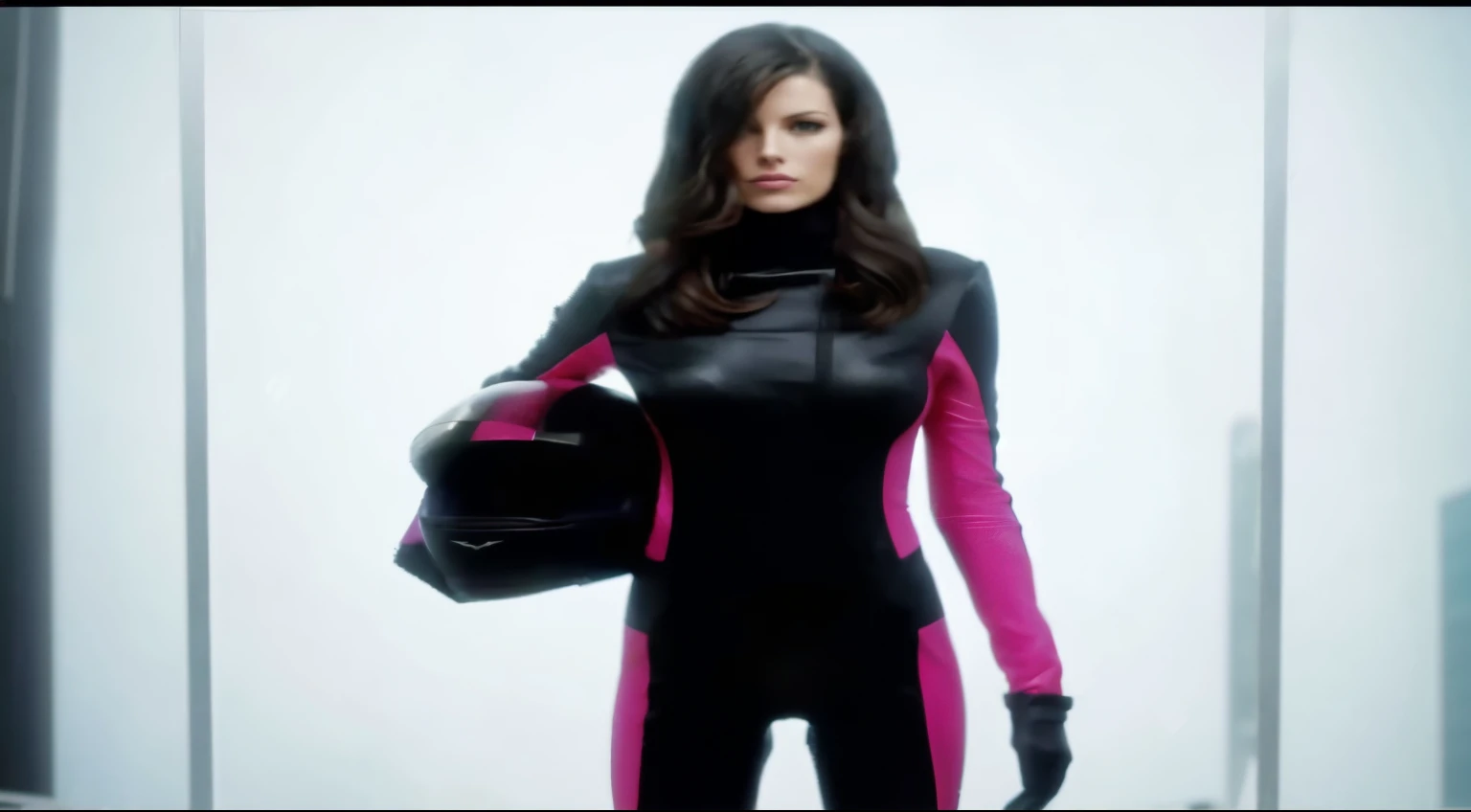 there is a woman in a black and pink wetsuit holding a helmet, style is a blend of æon flux, style mix of æon flux, in a mixed style of æon flux, mila jovovich as spiderwoman, as a retro futuristic heroine, as a retrofuturistic heroine, kate beckinsale weared as thief