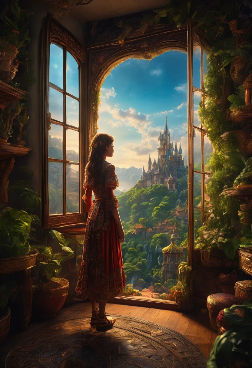 1girl, The View Outside the Window, The view through a window to a magical world, Epic cinematic brilliant stunning intricate meticulously detailed dramatic atmospheric maximalist digital matte painting . masterpiece, best quality, very aesthetic, absurdres, aesthetic