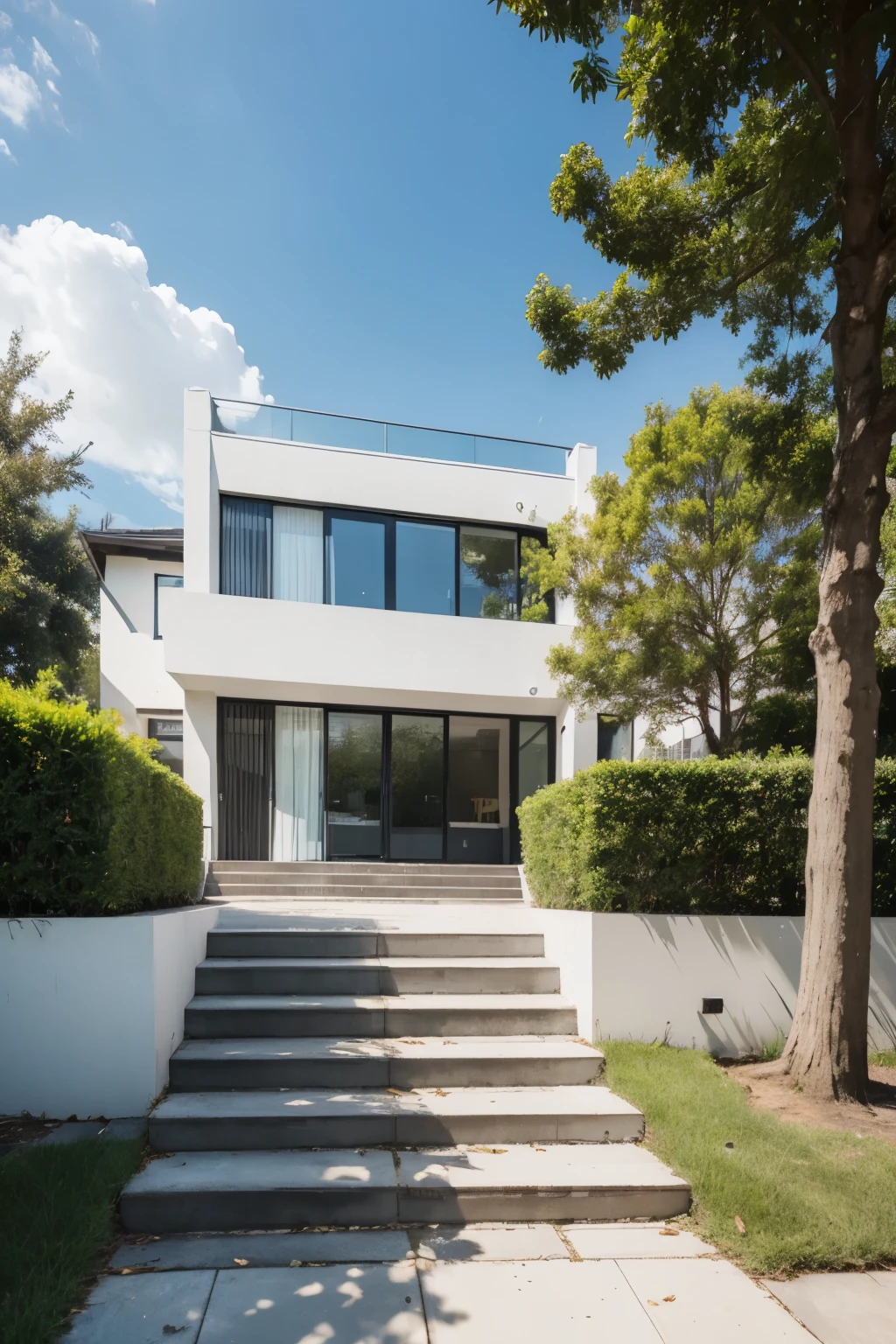 Masterpiece, high quality, best quality, authentic, super detail, outdoors, onestoreyvillaXL, aiaigroup, house style modern on the street ,stairs, white wall ,road,pavement, grass, trees, sky, cloud, (daylight:1.1)