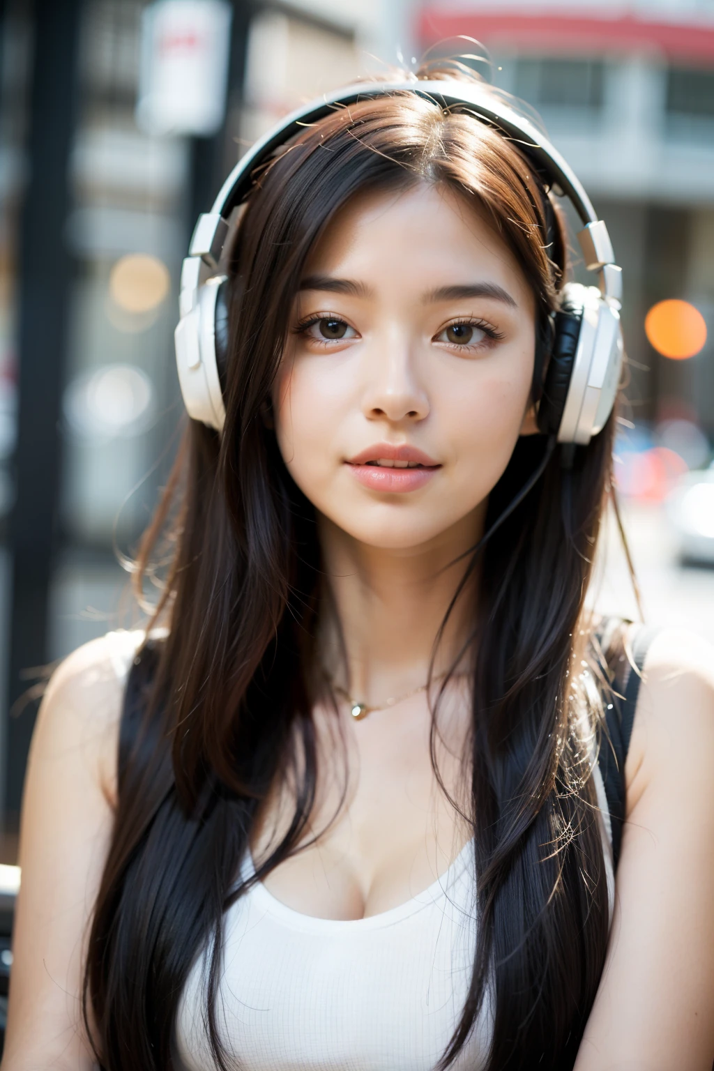 Beautiful girl with headphones,He seems to like listening to music.,Enjoy the music,