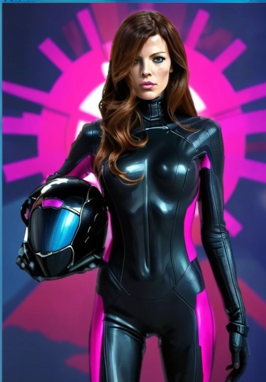 there is a woman in a black and pink wetsuit holding a helmet, style is a blend of æon flux, style mix of æon flux, in a mixed style of æon flux, mila jovovich as spiderwoman, as a retro futuristic heroine, as a retrofuturistic heroine, kate beckinsale weared as thief