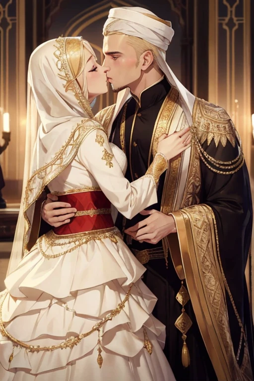 ((highest quality)), ((masterpiece)), (be familiar with), ((female、perfect face、blonde、blue eyes、Islam、Islamic Clothing、chador、National costume、blonde、pregnancy、luxurious costume、luxurious ornaments))((male、中年male、black hair、Islamic Clothing、middle East、into gold、Old man、luxurious ornaments、Luxurious clothes))marriage、bridal gown、政略marriage、、Arab、middle East、hug each other、kiss、love each other
