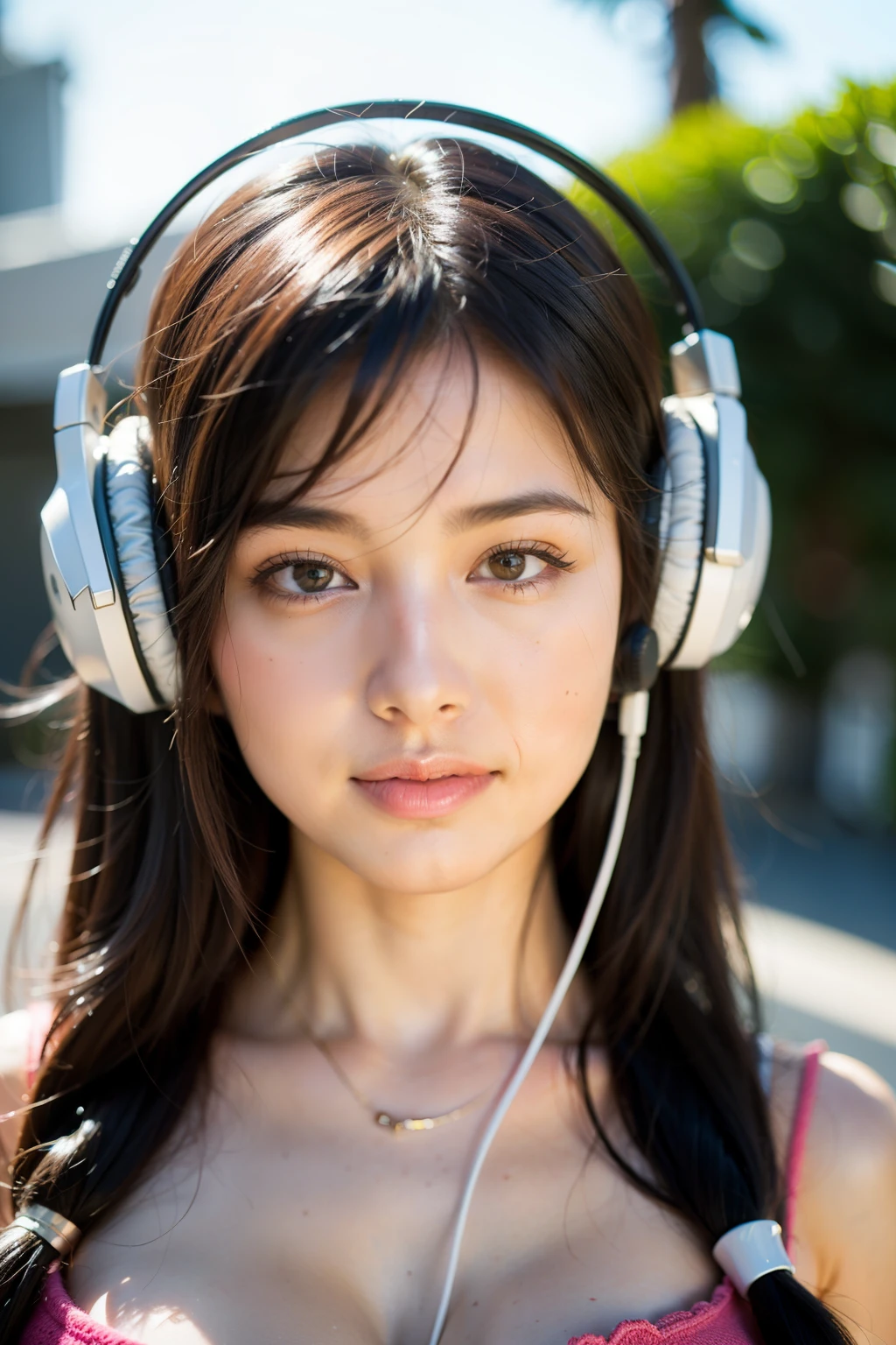 Beautiful girl with headphones,He seems to like listening to music.,Enjoy the music,