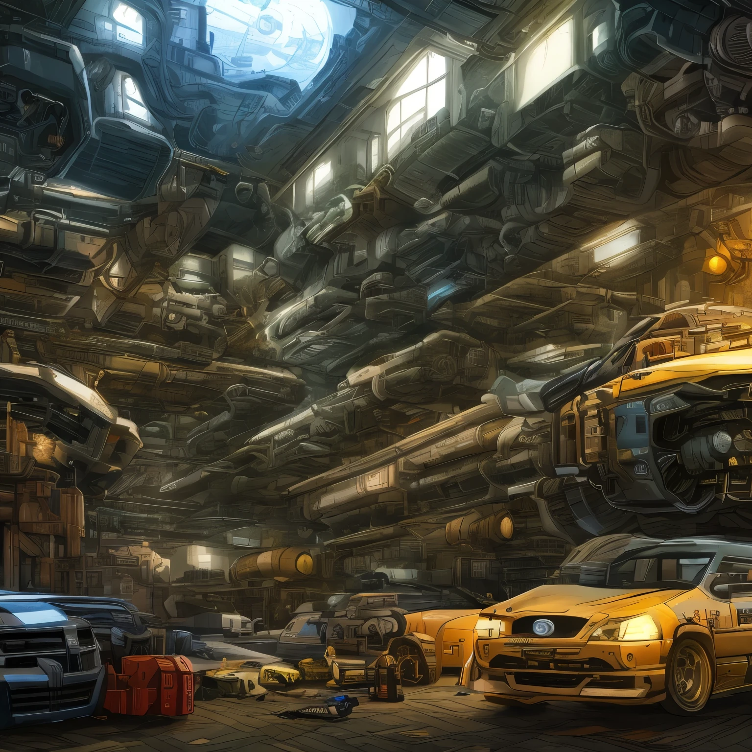 Create an illustration of a car parts and gun parts workshop, no estilo cyberpunk, with the entire interior of the place sampled