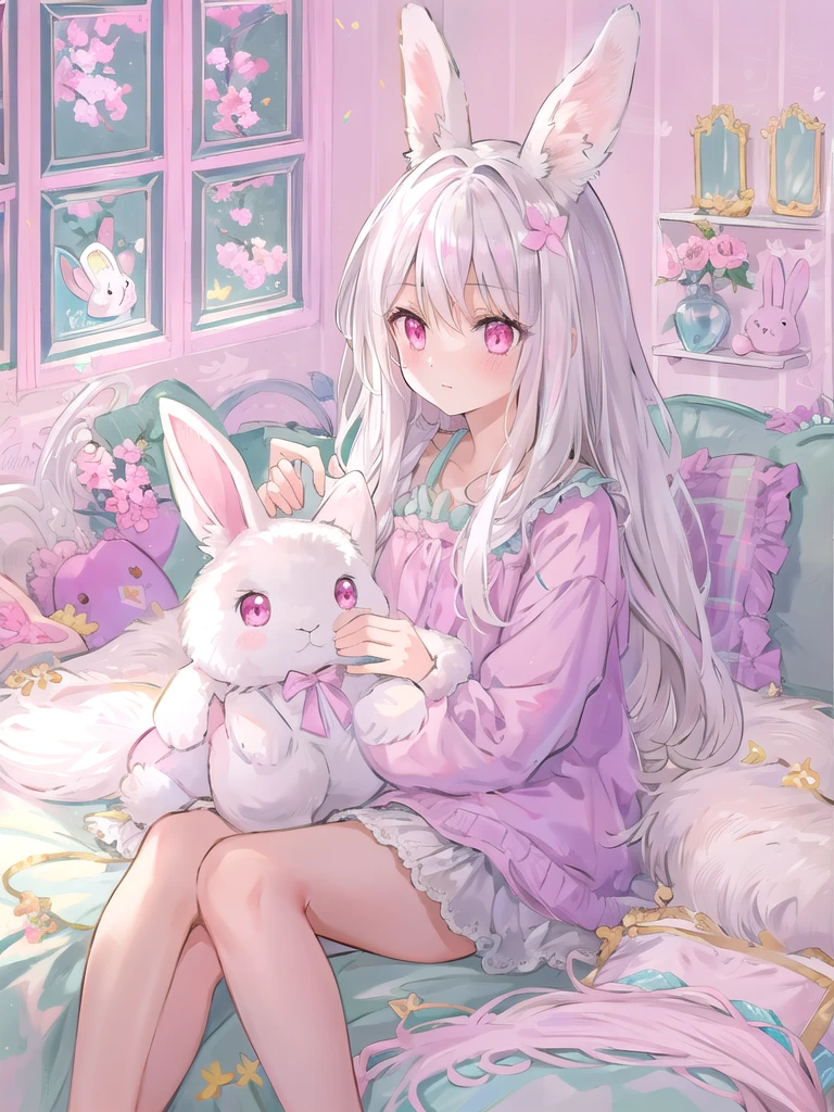 beautiful illustrations, highest quality, pretty girl, Bedroom, pastel colour, fluffy rabbit ears, , long silver hair, rabbit stuffed animal, bright lighting, Pale pink eyes