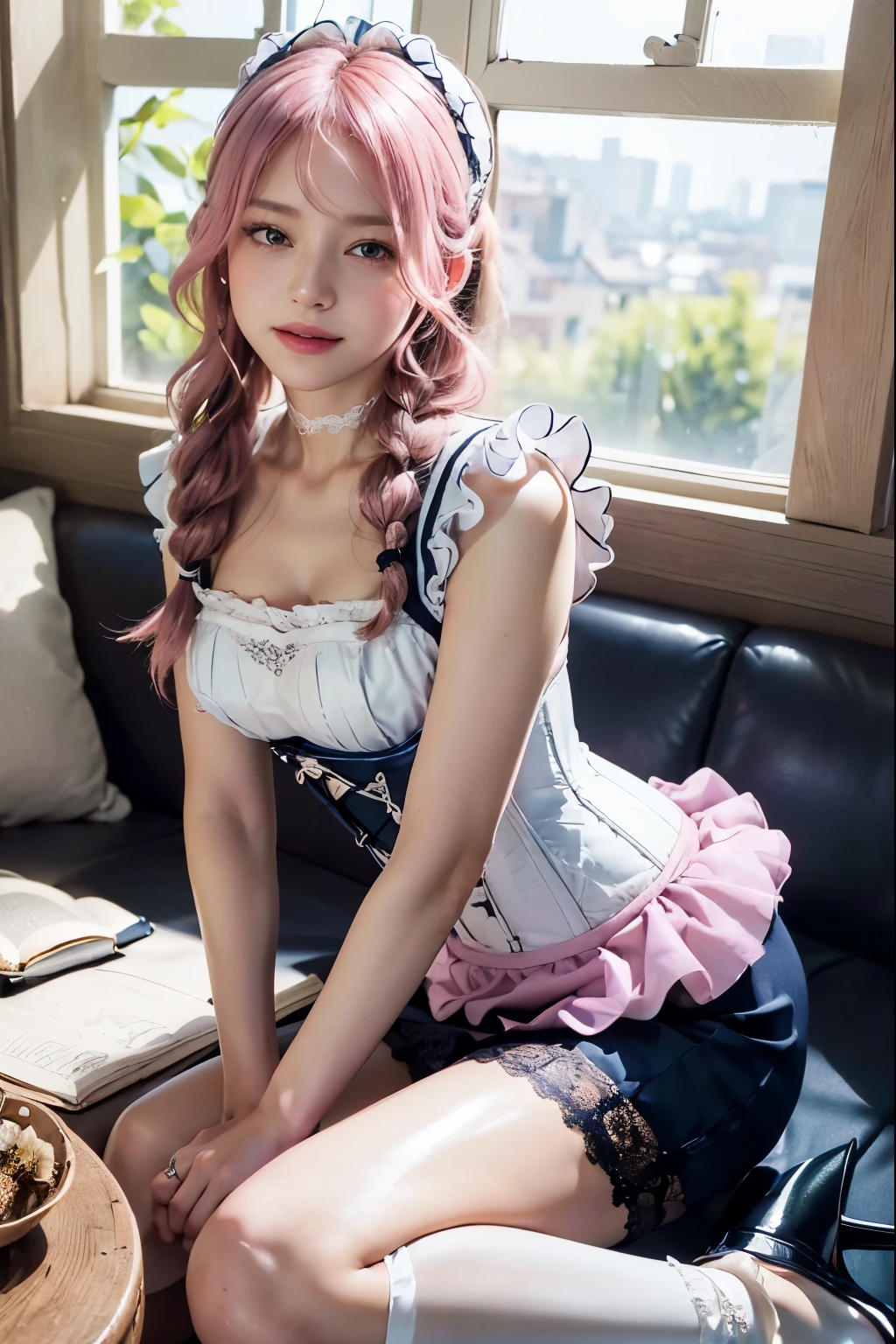 (8K, top-quality, masterpiece:1.2), (realistic, photorealistic:1.37), (super detailed), (one girl), (highly detailed), (beautifully detailed eyes), (of the highest quality), (super detailed), (masterpiece), (detailed face), (20yr old), (pink hair, long hair), (medium breasts), (clothed), (perfect lighting), BREAK, (upper body to knees), (wavy pink long hair with side braid:1.3), (elegant smile:1.2), (hand lifting skirt slightly, other hand behind:1.4), (simple indoor, classic furniture visible:1.3), (soft natural light from window:1.5), BREAK, (elegant glossy maid outfit:1.5), (navy blue with white lace:1.4), (satin and tulle materials:1.3), (bodycon silhouette:1.2), (corset top:1.5), (high-waisted pencil skirt:1.4), (lace details:1.3), (pearl accessories:1.2), (knee-high frilly socks:1.3), (navy and white high heels:1.4)