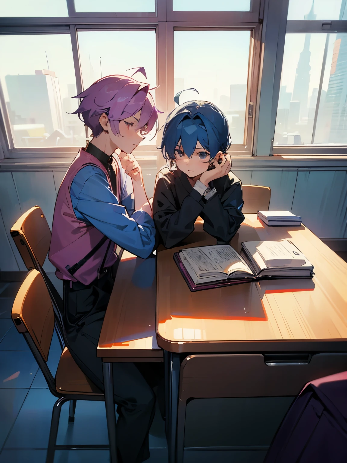 cartoon of two boys sitting at a table with a book and a backpack, ddlc, in the art style of 8 0 s anime, 9 0 s anime style, 90s anime style, in anime style, in an anime style, anime aesthetic, anime vibes, 9 0 s anime aesthetic, 9 0 s anime art style, lofi boy, typical anime classroom, beautiful background window, two cute boys, beautiful faces, two boys, don't extra hands, NO extra hands, generate two boys with NO extra hands, NO extra arm