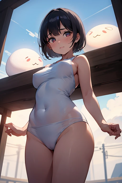1girl,solo,retina,masterpiece, Awards, high quality, High resolution, HD, 4K,8K,high quality, rough skin,breast focus,depth of field,(line drawing:1.1),(large breasts:1.2),faint smile,oily skin,Relative to the girl,underside of breasts,(mochi shaped breasts:1.2),upperbody,white clothe,(perfect breasts from below:1.1),perspective,baby face,(short height,petite:1.3)