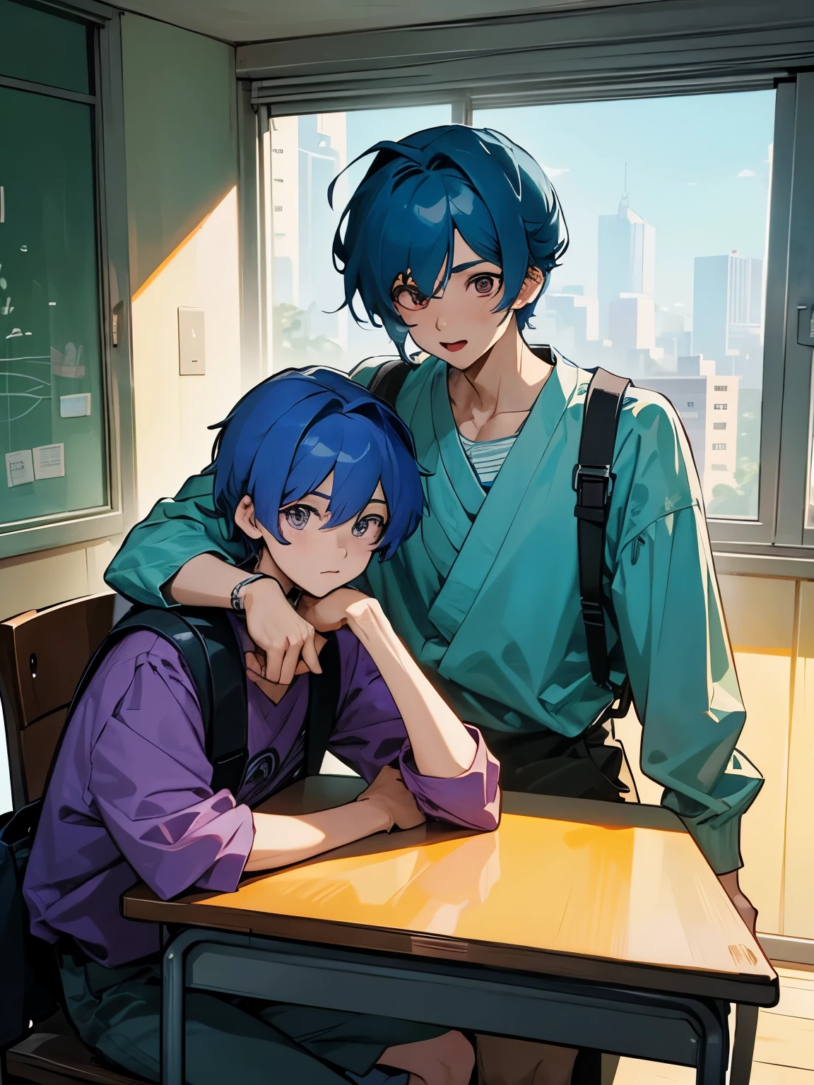 cartoon of two boys sitting at a table with a book and a backpack, ddlc, in the art style of 8 0 s anime, 9 0 s anime style, 90s anime style, in anime style, in an anime style, anime aesthetic, anime vibes, 9 0 s anime aesthetic, 9 0 s anime art style, lofi boy, typical anime classroom, beautiful background window, two cute boys, beautiful faces, two boys, don't extra hands, NO extra hands, generate two boys with NO extra hands, NO extra arm