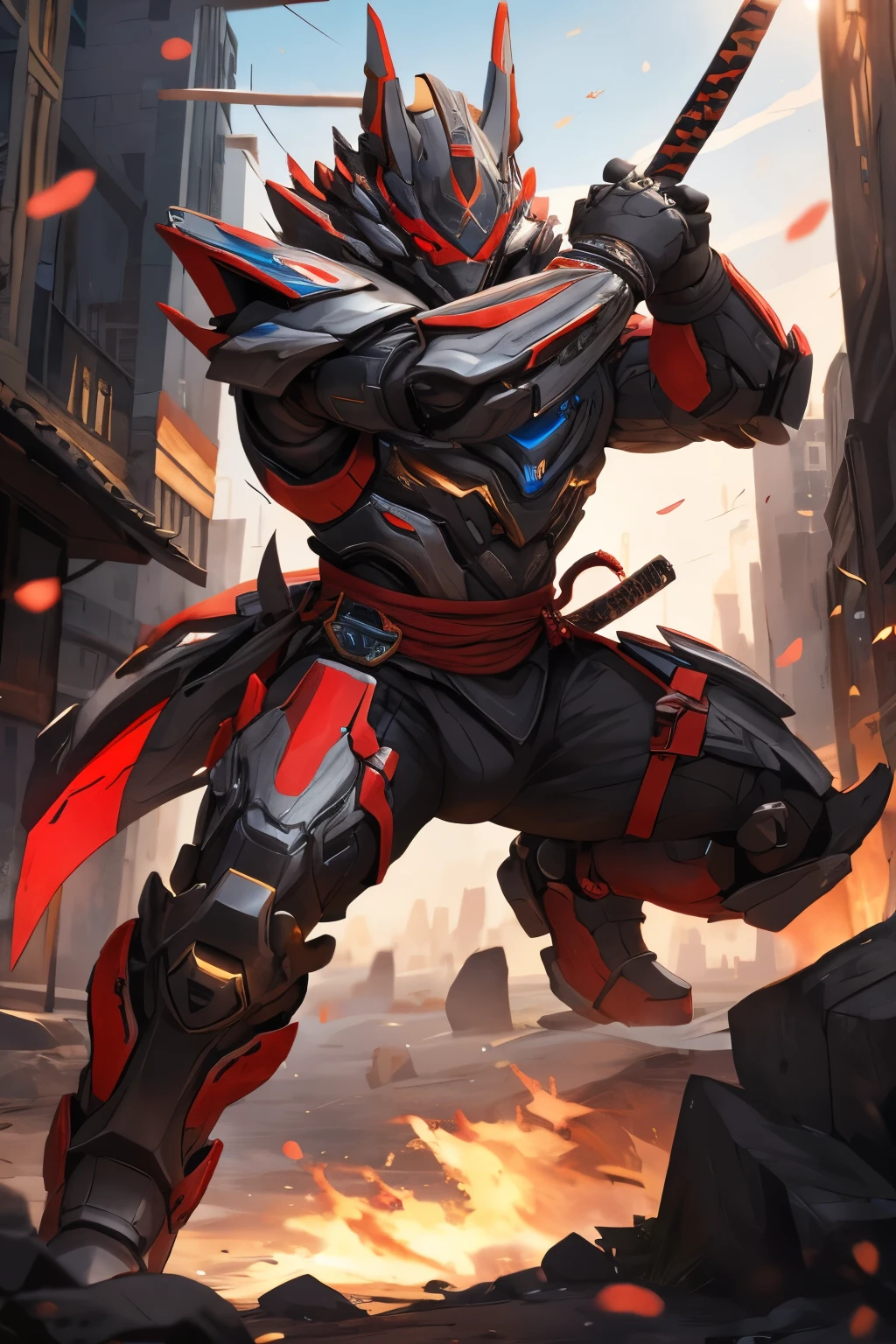 long shot, [zinogre|mecha], mecha,robot, no humans,warframe, samurai armor, samurai,holding katana,fighting pose,
detailed eyes, glowing red eyes,
detailed background, city, cloud sky, realistic, masterpiece, ultra detailed, extreme detailed,24k, CG,