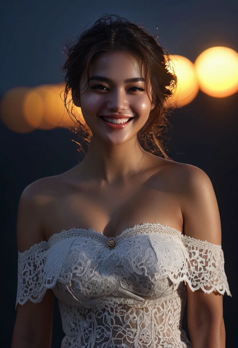 Best quality, masterpiece, super high resolution, a super model, super beautiful face, pure body, clear pores visible, big boob (smile:0.8), wearing culture dress (lace bandeau:1.2), (realism:1.5), original photo, body, covered in sweat, bare shoulders, in the dark, low-key, cold light((best quality)), ((masterpiece)), (detailed), perfect face. And looking solar eclipse 