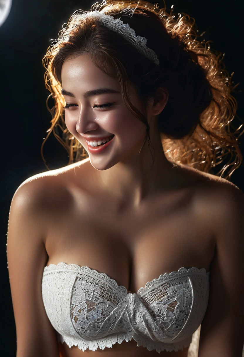 Best quality, masterpiece, super high resolution, a super model, super beautiful face, pure body, clear pores visible, big boob (smile:0.8), wearing culture dress (lace bandeau:1.2), (realism:1.5), original photo, body, covered in sweat, bare shoulders, in the dark, low-key, cold light((best quality)), ((masterpiece)), (detailed), perfect face. And looking solar eclipse 