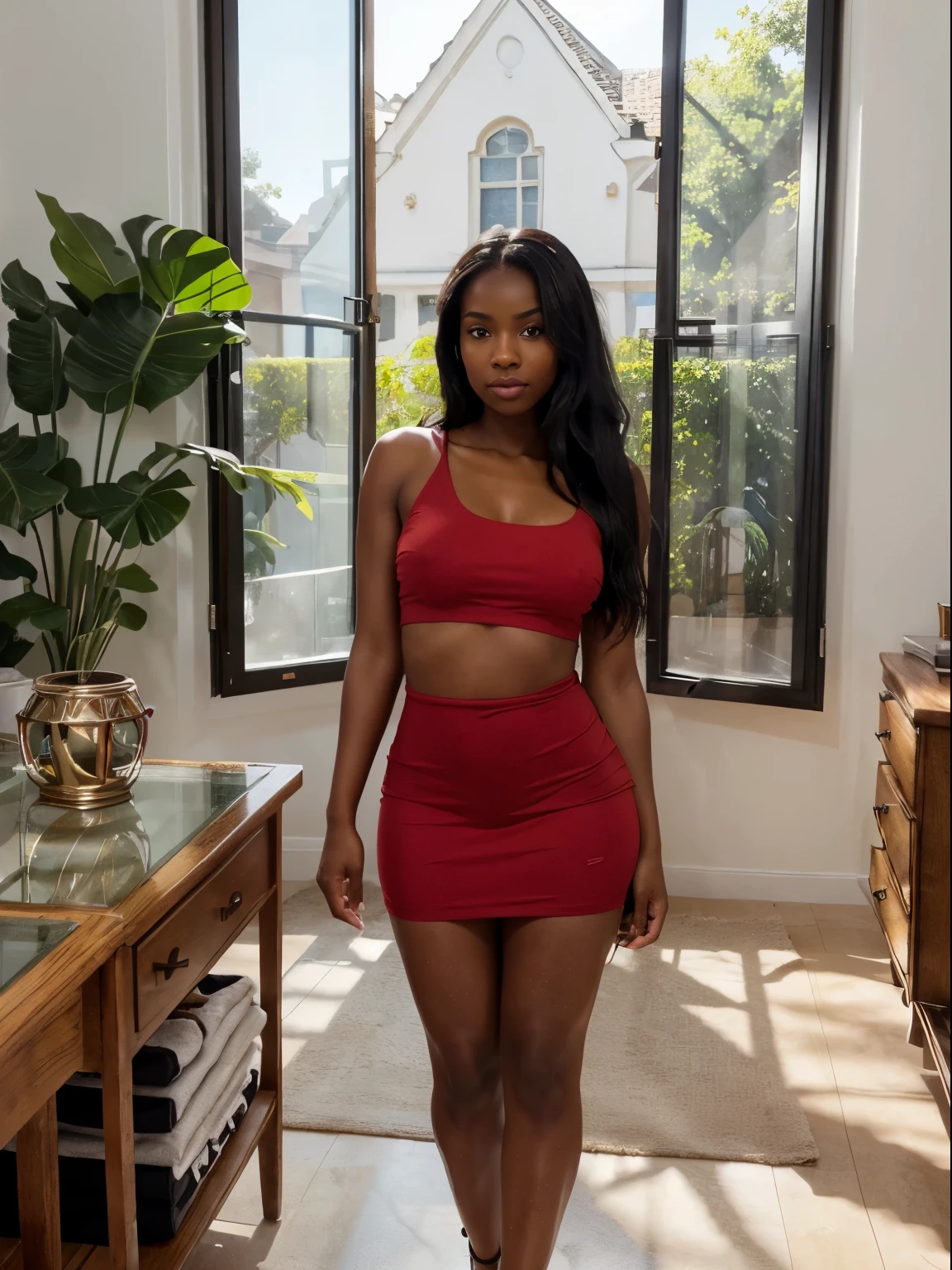 '(realistic, high resolution:1.3), 1 black girl with perfect body, tanned black skin, (Curvy body), super thin face and eyes, long hair, (red short top, little red mini dress,) (stunning photo by full body), background of a lush, vibrant scene of a shoe boutique with sunlight filtering through the window. boutique red: The predominant color representing snow, sky blue: Used for the sky peeking through the window, (depth of focus)