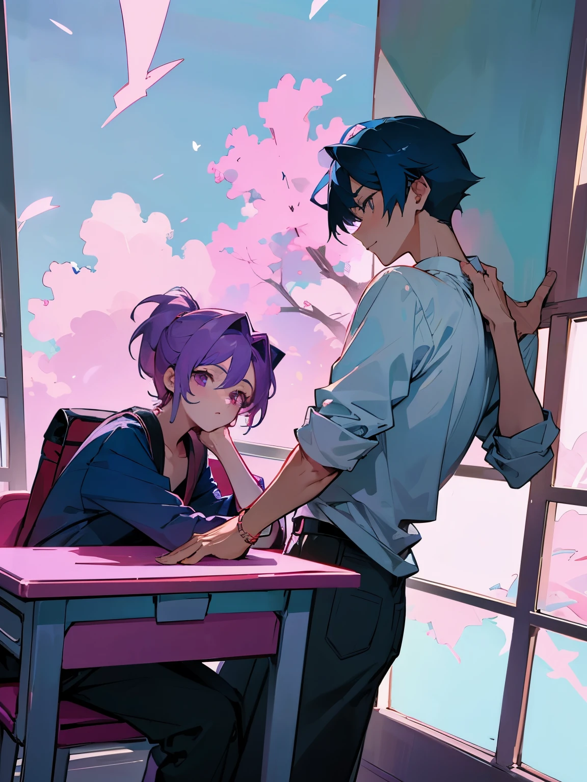 cartoon of two boys sitting at a table with a book and a backpack, ddlc, in the art style of 8 0 s anime, 9 0 s anime style, 90s anime style, in anime style, in an anime style, anime aesthetic, anime vibes, 9 0 s anime aesthetic, 9 0 s anime art style, lofi boy, typical anime classroom, beautiful background window, two cute boys, beautiful faces, two boys, don't extra hands, NO extra hands, generate two boys with NO extra hands, NO extra arm