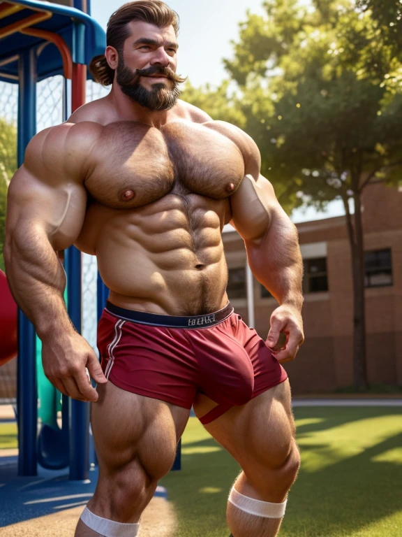 Mature man, best qualities, PE teacher, only panties, red erotic shorts, white socks, bandage on one hand, bad bad, masterpiece, super high resolution, detailed background, reality, illustration, single, 1 boy, muscle man, beard, school, playground, muscles, facial hair, volumetric lighting, depth of field, wheezing, raised crotch, handsome action, big dynamic,  cute smile, well groomed beard and moustache, daddy, dadbody, Hairy muscular hunk, cute face,