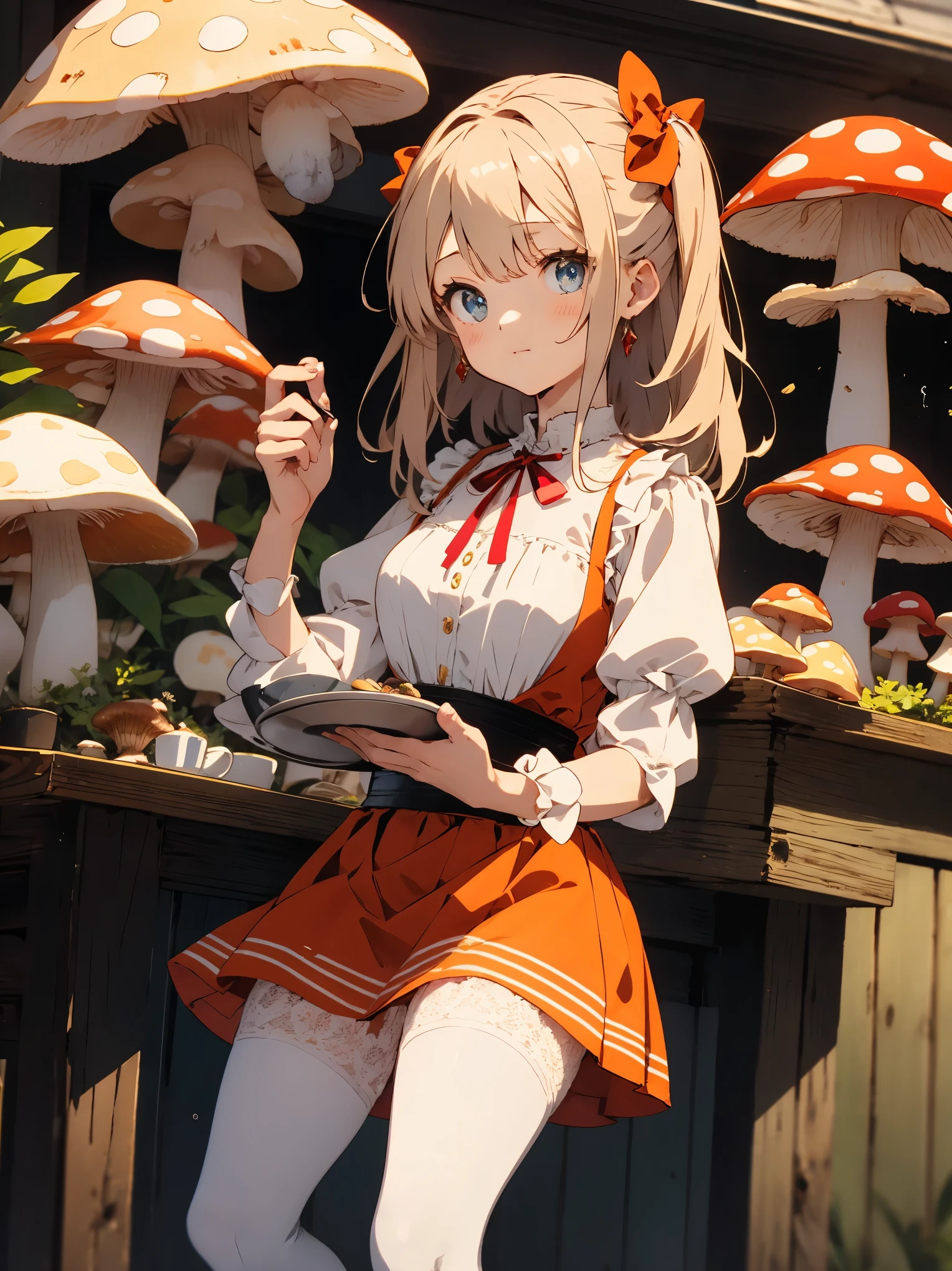 (highest quality、masterpiece、High resolution、detailed)、(Shining eyes、detailed美しい顔)、1girl,
BREAK,
wearing an orange dress with white lace detailing, (mushroom:1.2), a white blouse, (dirndl), white flat shoes, and light-colored stockings, holding a tray with two cups, Beautiful anime characters