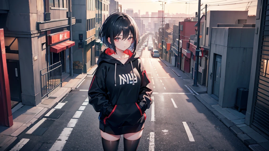 Girl looking down from high up,building,city,black hair,hoodie,boyish girl,short hair,,red sunset,scenery,building,detailed face,beautiful eyes,black tights,street light,traffic light,pedestrian crossing,telephone pole,thick_thighs,big breasts