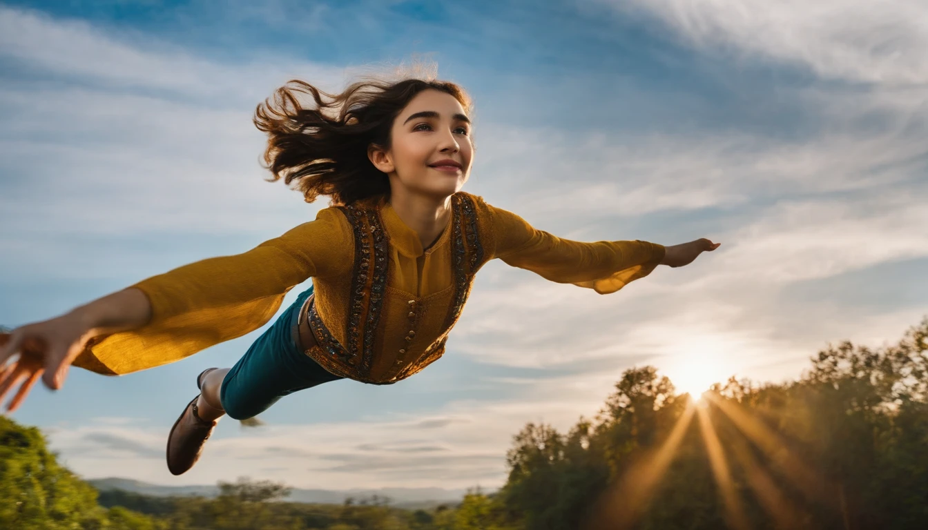 Rowan Blanchard flying happily and gracefully in the sky