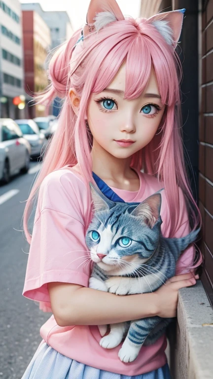 Cute half-cat anime girl with blue left eye and yellow right eye wearing pink clothes