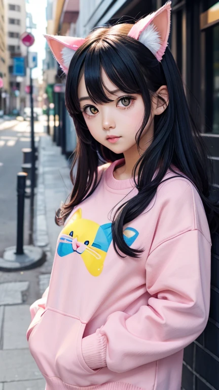 Cute half-cat anime girl with blue left eye and yellow right eye wearing pink clothes