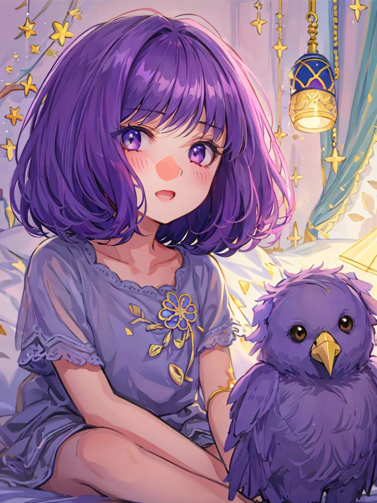 beautiful illustrations, highest quality, pretty girl, Bedroom, pastel colour, deep violet bob cut hair, crow stuffed animal, bright lighting, gold eyes
