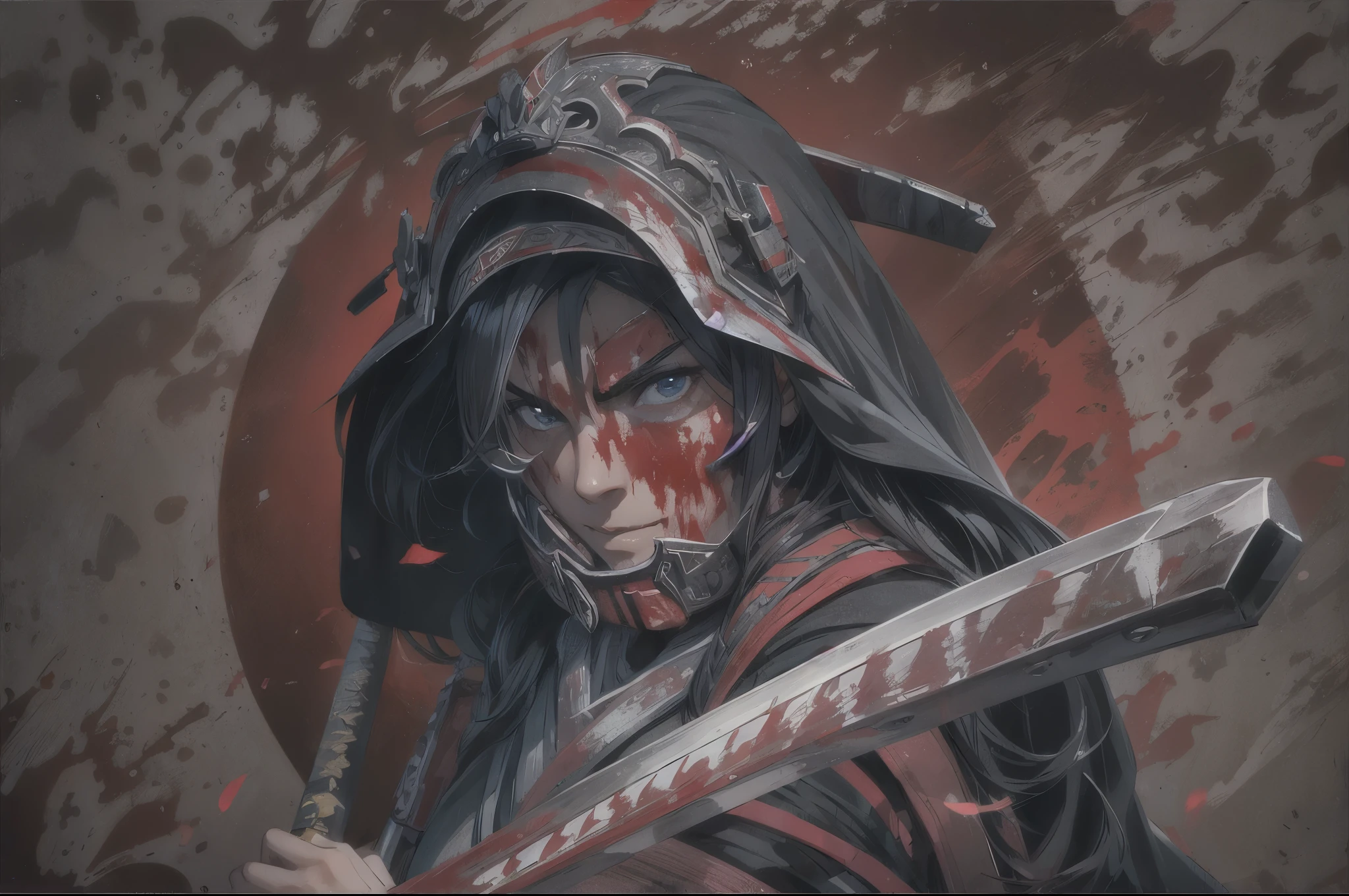 (best quality,photo-realistic),garota samurai,mask,long sword,fighting,blood,vivid colors,sharp focus