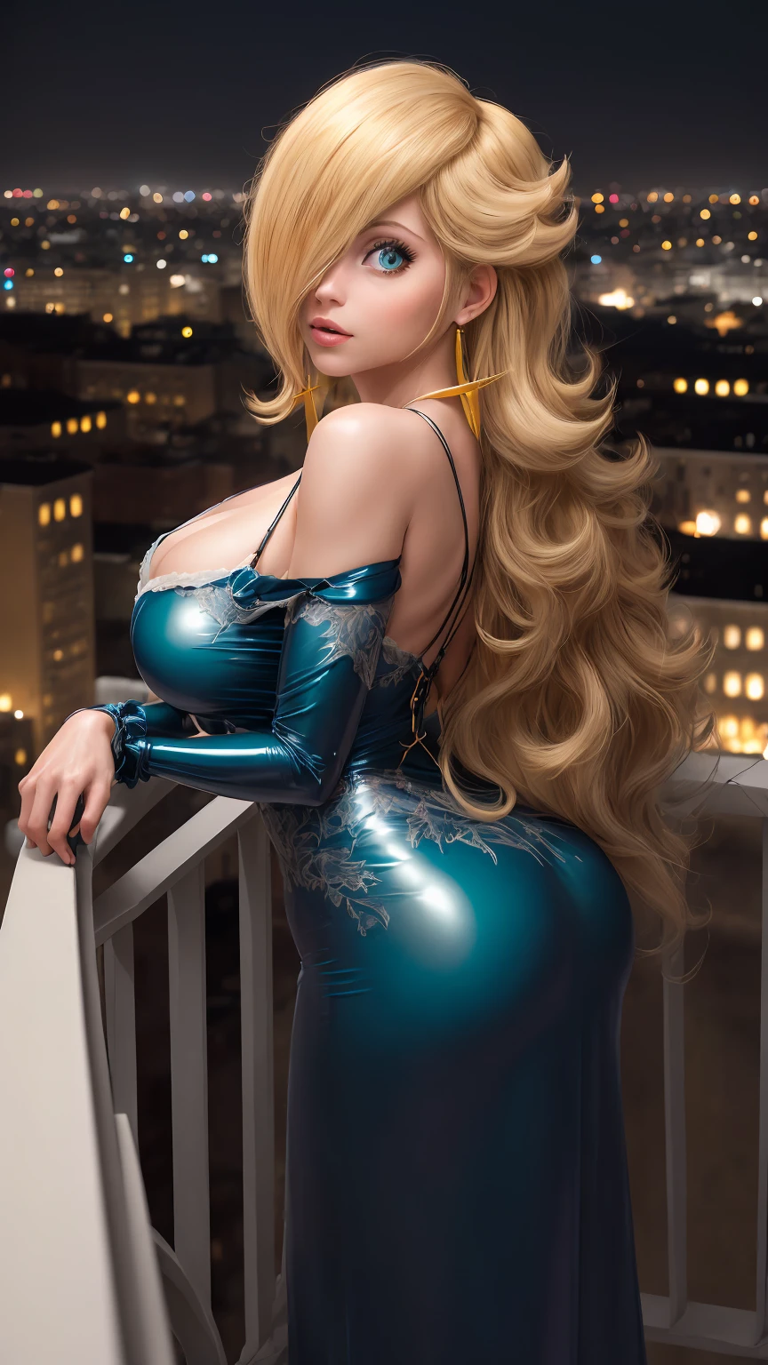 (masterpiece, highest quality, extremely detailed), professional fashion photography, photorealistic, sharp, mature female, long hair, big eyes, hair between eyes, (detailed face and eyes):1.2, ass, oily skin, latex pelvic curtain dress, multiple straps, candid pose, rooftop balcony, lights, moon, bokeh,