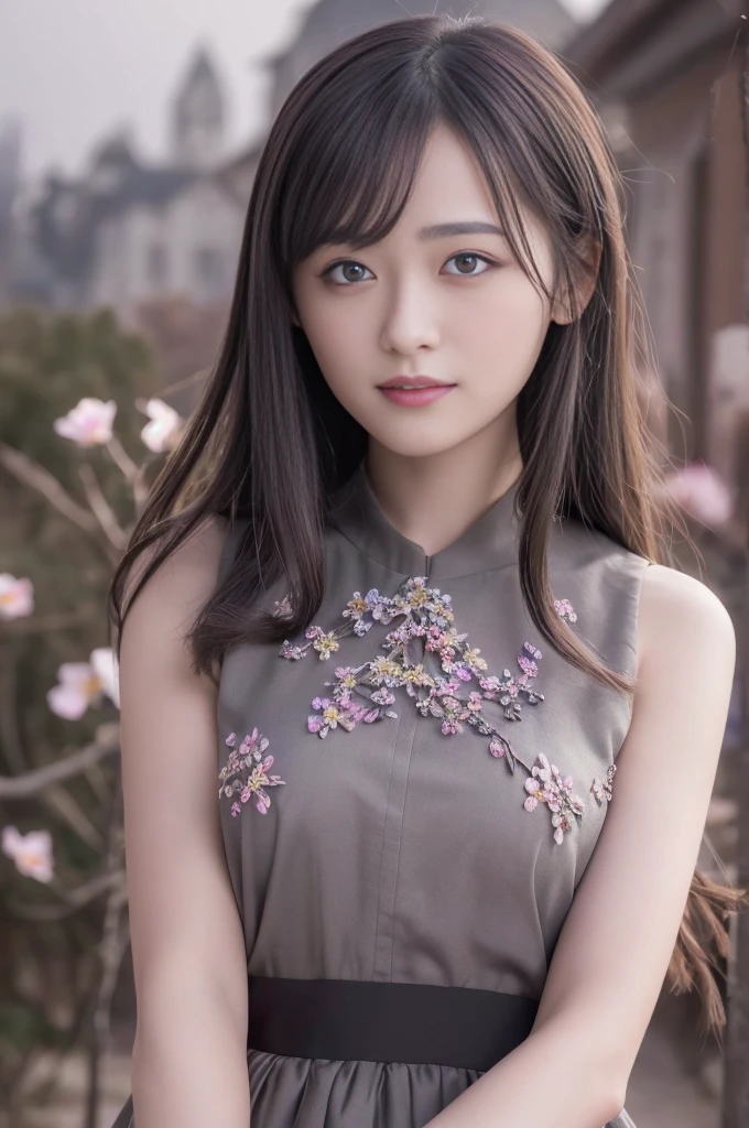 masterpiece, highest quality,, 1 girl, (colorful),(Finely drawn beautiful eyes and detailed face),cinematic lighting,bust shot,Highly detailed CG Unity 8K wallpaper,gray hair,alone,smile,intricate skirt,((flying petals)),(flowering meadow), null, cloudy_null, building, moonlight, moon, night, (dark theme:1.3), light, fantasy,