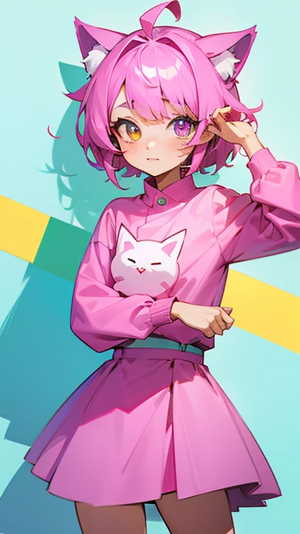 An illustration of a quirky girl with pink hair, in the style of Flat shading, Gemma Correll, with freckles and a cat on her shoulder, photo-manipulated, cyberpunk genre, pastel green --ar 48:85 --niji 5