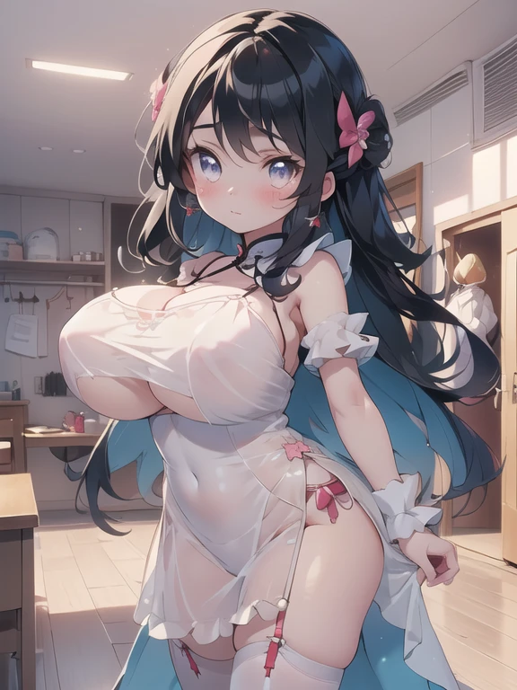 (((from below))), (((solo toddler))), (((:2.0))), ((look back)), sexy pose, seductively posing, ((((short legs)))), (((toddler))), (((big head))), ((((disproportionate breasts)))), (((full-face blush))), (((loli face aig boobs))), (((huge breasts))), ((huge soft boobs:1.5)), (little loli), (petite ), (short stature), (loli body), (cute f, (elementary school girl), (precocious softy big bust), ((baby face)), (kindergartner), (((children's body))), cute face, baby, (masterpiece:1.2), (best quality:1.2), (ultra detailed:1.2), (extremely detailed:1.4), (((style of precure))), (((wearing precure costume))), ((((undersized clothes)))), ((china dress)), (nipples through), ((see through)), chemise, ((lingerie)), (((negligee))), fishnet legwear, indoors, ((pastel room)), (((cute room)))