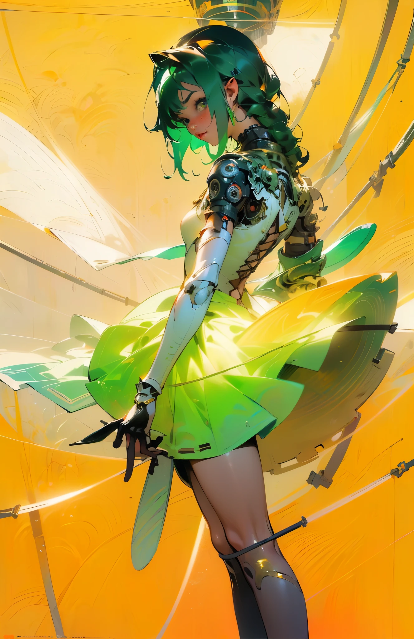 ((Create one girl 16+ years old.), (full height), (masterpiece, Best quality), (1 elf), (1 girl), (sexy), (One, bangs, dyed red hair) (White armor cyber skulls), (long black tights with gloves), (stands upright), (mysteriously))_((green:1.5, orange:1.1, white: 1.3, yellow:1.3))_ ((very sexy girl with dreadlocks, tattoos, bare parts of the body), (down jacket: 1.2, on the naked body, T-shirt, thong))_((Beautiful figure, half a turn 16+ years old) ,(realistic)), ( (small peach breasts, graceful figure, narrow waist, smooth hips), (long double braids), (tight braids), (braided hair), (dark hair), (red lips), (smile))_ ((Shiny skin :1.5, white skin, light skin: 1.5))_((Fractals, lights, leaves, fog, cherry blossoms, circles background))_((Chiaroscuro, contrast , warm-cold), (atmospheric visualization), (best quality), (Virtual realism))_((Digital painting, anime style, cyberpunk), (best quality, 4k, high resolution, masterpiece: 1.2))((ultra detail ), (realistic, photorealistic, photorealistic: 1.37))_((Soft clear shapes, broad strokes, attention to detail))_((High quality, 16K | Ultra HD | Full HD)).