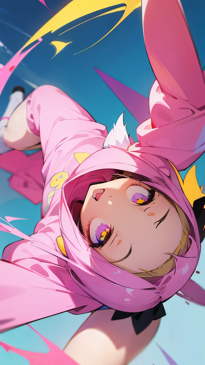 Cute half-cat anime girl with blue left eye and yellow right eye wearing pink clothes