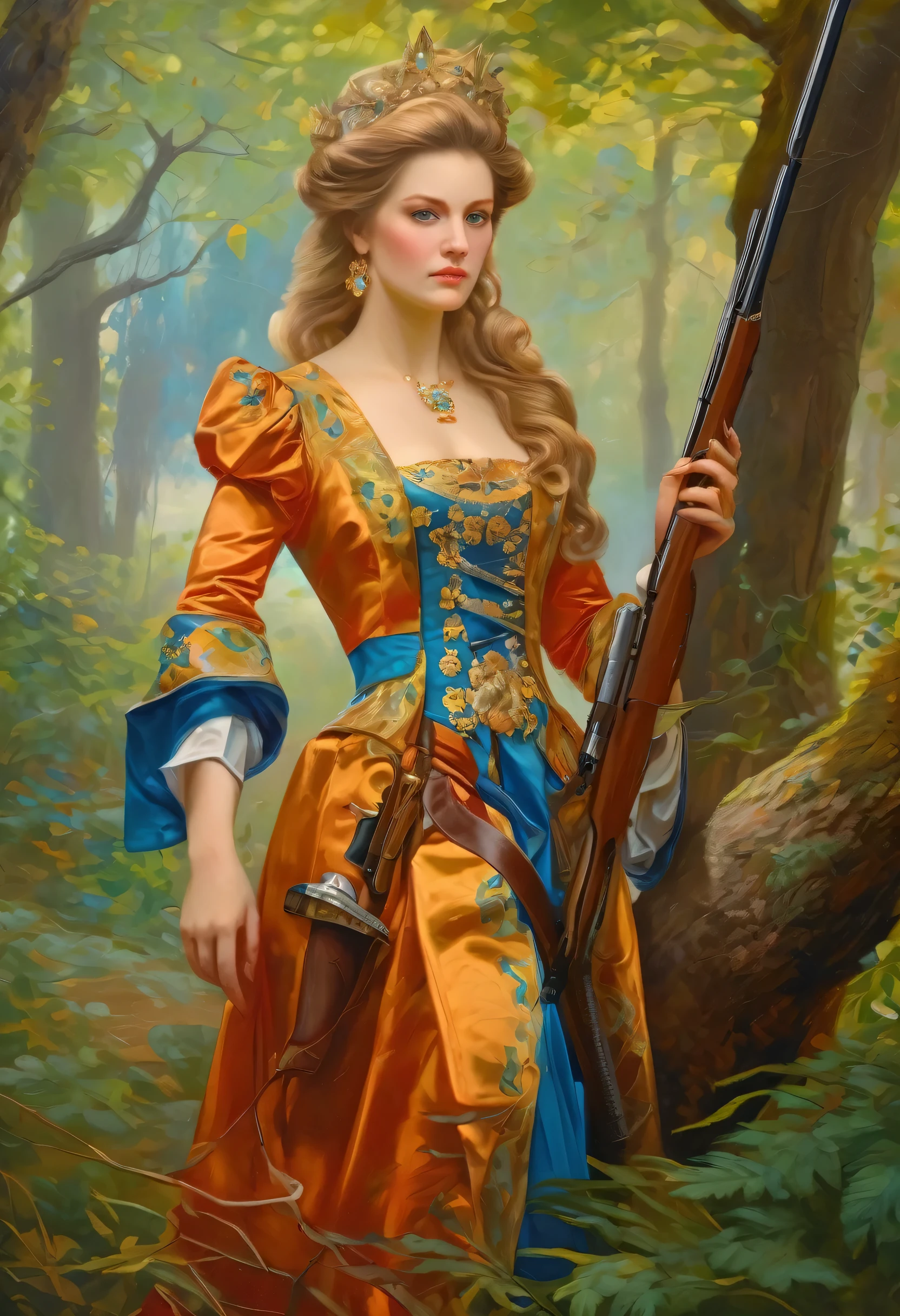 oil painting fantasy, 19th century, empress, woman, gentle face, pale world hair, Blue eyes, in a hunting suit with a weapon, Gold patterns on fabric, clearing in the forest park in the background, world, day, HD