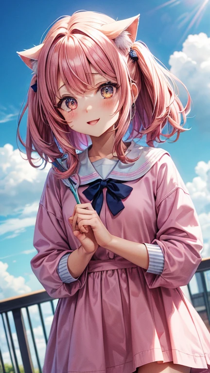 Cute half-cat anime girl with blue left eye and yellow right eye wearing pink clothes