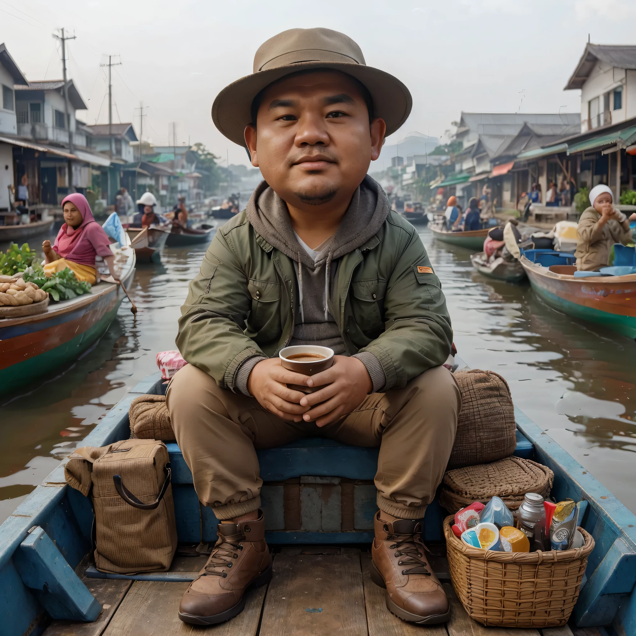 Hyper realistic, coffe,A slightly fat man, wearing a jacket, trousers and shoes sat on the boat , thailand, river
