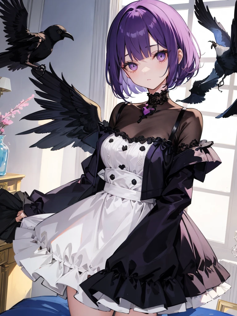 beautiful illustrations, highest quality, pretty girl, Bedroom, pastel colour, deep violet bob cut hair, crow stuffed animal, bright lighting, gold eyes