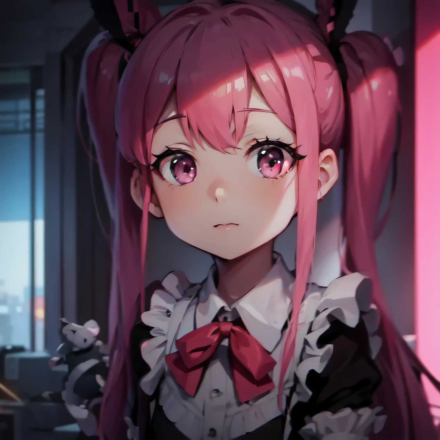 anime girl，pink hair，Holding a bow in front of the window, Change, Changesh, Pink ponytail hair and cyan eyes, deadly, Anime girl in maid costume, , return, al-Qaeda, fine details. girls frontline, Anime visual of a cute girl, Junko Enoshima, mikudayo, Splash art anime 