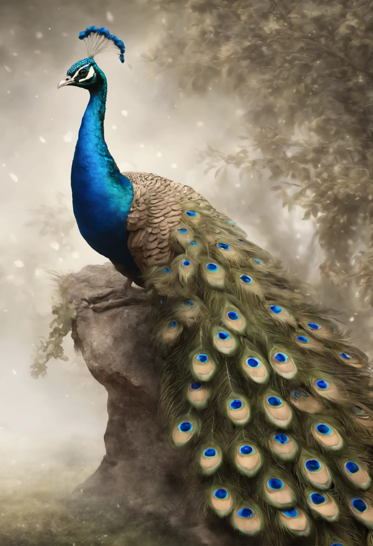 Male peacock, golden feathers, golden tail, full body, showing tail, spectacular, realistic, 4k, 16:9, HD, full body, clear background