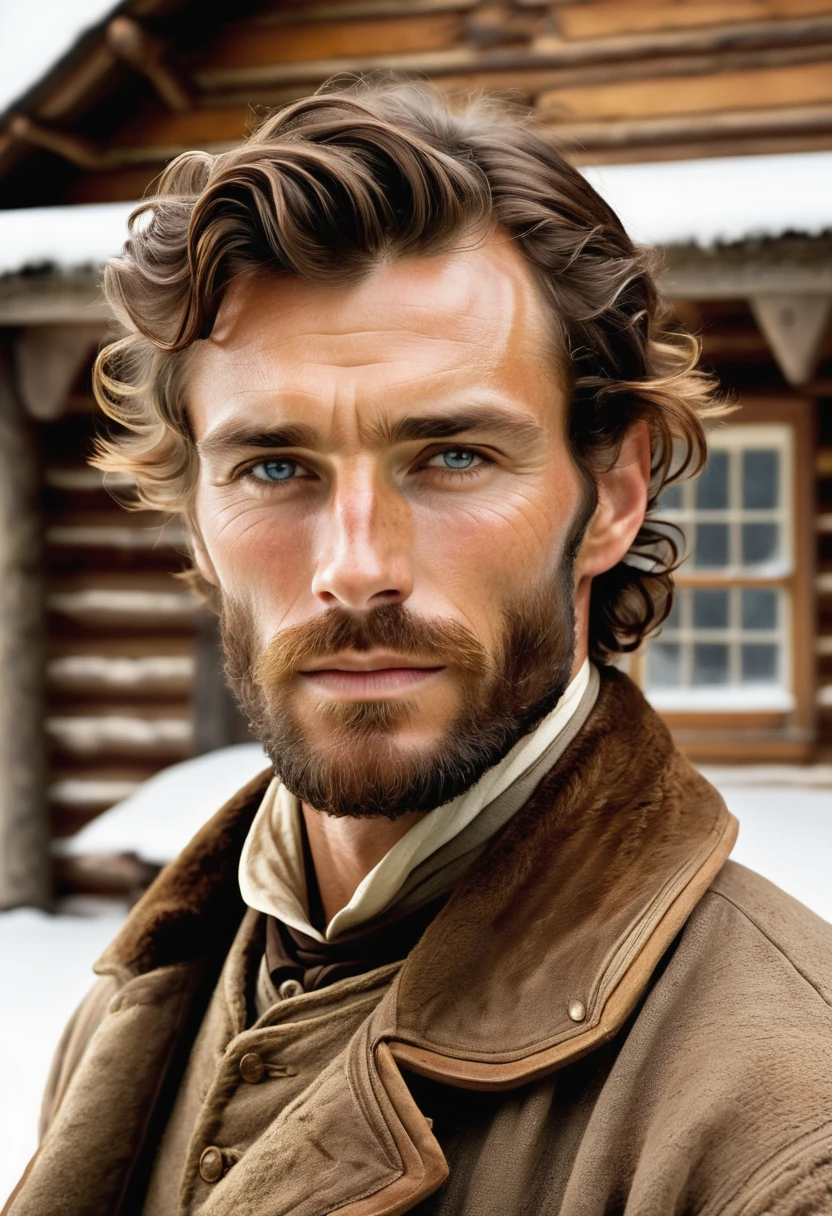 (highly detailed, soft light, photorealistic, dynamic light; cinematic); victorian era; 1820s; 33 years old man; German; 1820s gentleman; leadership figure; strikingly handsome; confident and intensely alluring; wild man aesthetic; defined cheekbones; defined strong jawline; longer chin; handsome face; strapping; tough but romantically interested expression; masculine face with several scars; charismatic; grizzled; sensual; strong aristocratic nose; manly passionate air; very attractive; burly broad stature; broad strong shoulders; ruddy weathered skin; long stubble beard; natural light-blue eyes; thick strong chestnut-brown eyebrows; carefully-shaped 1820s sideburns; 1820s old thick brown coat; short chestnut-brown hair in 1820's hairstyle; full firm masculine lips; standing in a cosy log cabin during a snowy day in 1820's Canada; looking at camera