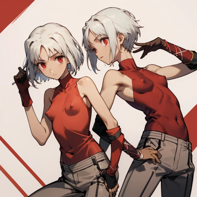 ((highest quality)), ((masterpiece)), (be familiar with), CANAAN, 1 girl, alone, silver hair,brown skin,red eyes,long pants,red sleeveless,Clothes with a visible back, Slender,slender,short hair,small breasts, erect nipples, No bra, gloves, put your hand on your waist