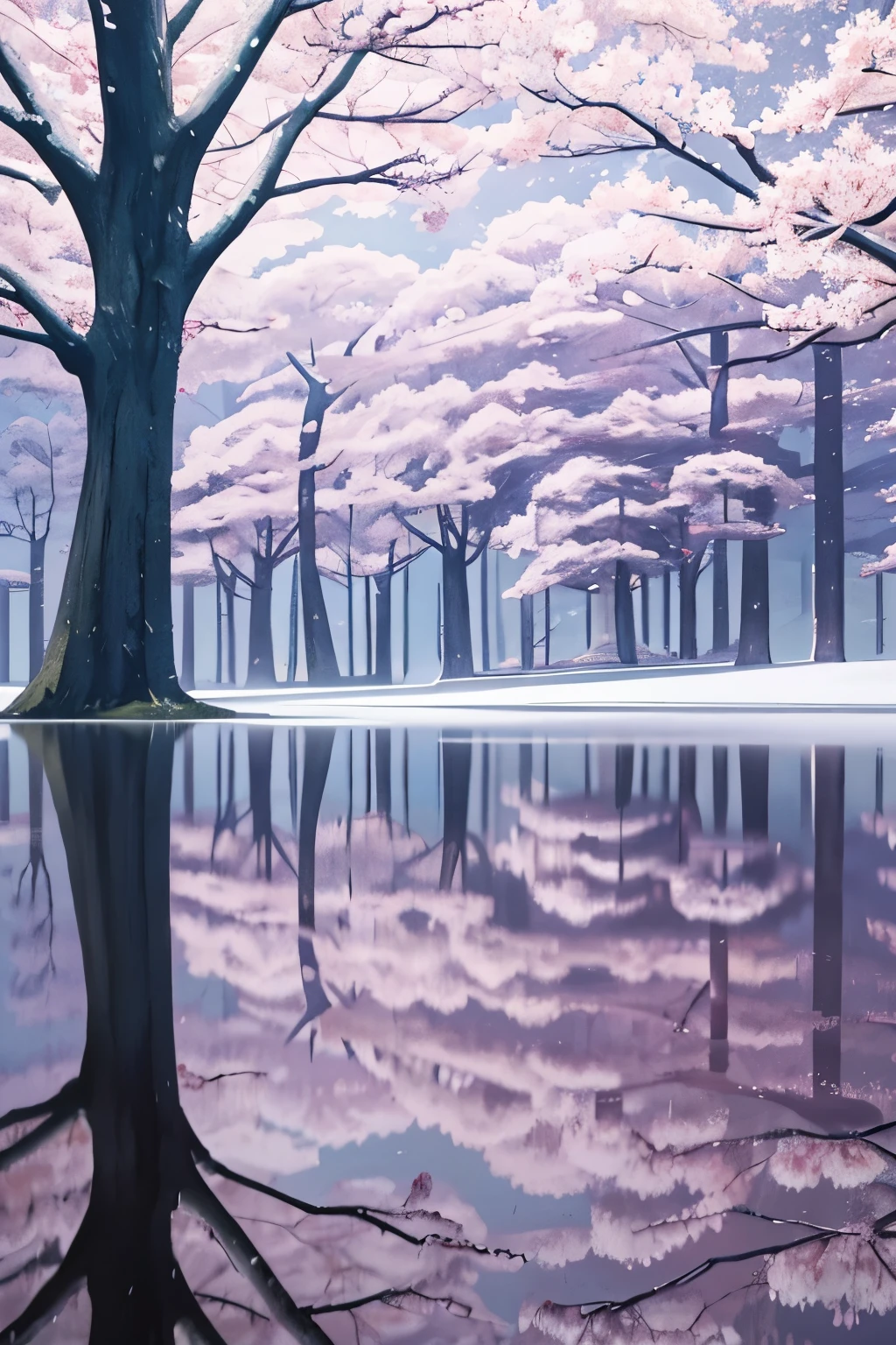 In this tranquil all-white landscape, a mesmerizing structure of mirrors stretches out, reflecting Sakura trees and their delicate pink blooms infinitely. The reflection creates a surreal and mysterious atmosphere, as if the boundary between reality and reflection has blurred. The mirror's smooth surface captures every intricate detail of the trees, their branches swaying gently in the soft breeze. The stillness of the scene is broken only by the gentle ripples on the mirror's surface, as if the reflection is alive and alive. Realistic CGI renders every detail of this ethereal scene, the Octane render illuminating every curve and contour in a soft, diffused light. The