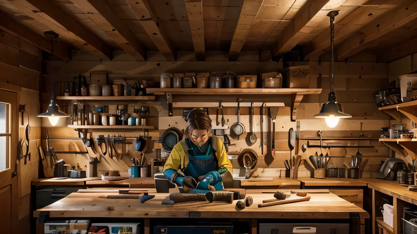 a detailed depiction of a sturdy workbench, equipped with various power tools and accessories, surrounded by a spacious and well-lit workshop. The workbench should be made of solid wood or metal, showcasing craftsmanship and strength. The surface should be smooth and polished, highlighting its durability. [heavy-duty workbench], [solid wood or metal], [polished surface], [craftsmanship], [strength]. Nearby, a collection of high-quality power tools are neatly arranged, including drills, saws, sanders, and other essential equipment for woodworking and construction. The tools should be clean and well-maintained, with sharp blades and vibrant color accents, exuding a sense of precision and professionalism. [clean and well-maintained power tools], [sharp blades], [vibrant color accents], [precision], [professionalism]. The workshop itself should be spacious and well-organized, with ample storage for materials and supplies. [spacious and well-organized workshop], [ample storage], [materials and supplies]. Lighting plays a crucial role in this scene, with bright overhead lights illuminating the workbench and the surrounding area, ensuring clear visibility and enhancing the overall atmosphere. [bright overhead lights], [clear visibility], [enhanced atmosphere]. The color palette of the image should be warm and inviting, with hues of brown and earthy tones, creating a cozy and inspiring environment. [warm and inviting color palette], [brown and earthy tones]. The overall quality of the image needs to be of the utmost standard, showcasing every detail in high resolution (best quality, 4k, 8k, highres, masterpiece:1.2), with a focus on ultra-detailed rendering and sharpness (ultra-detailed, sharp focus:1.1). [best quality, 4k, 8k, highres, masterpiece:1.2], [ultra-detailed, sharp focus:1.1]. The artistic style should reflect realism and accuracy, capturing the intricate details of the workbench and tools, while still maintaining a sense of aesthetic appeal. [realistic, photogr